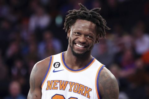 New York Knicks forward Julius Randle reacts during the second half of an NBA basketball game against the Brooklyn Nets, Monday, Feb. 13, 2023, in New York. (AP Photo/Jessie Alcheh)