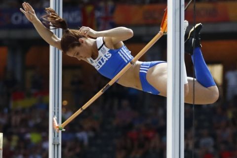 Greece's Ekaterini Stefanidi makes an attempt in the women's pole vault final at the European Athletics Championships at the Olympic stadium in Berlin, Germany, Thursday, Aug. 9, 2018. (AP Photo/Martin Meissner)