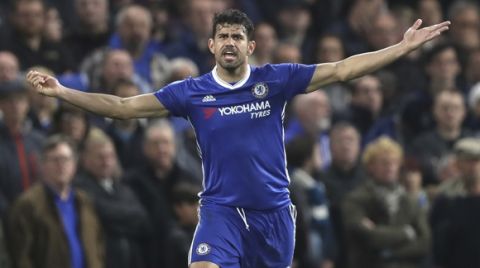 Chelsea's Diego Costa shouts during the English Premier League soccer match between Chelsea and Middlesbrough at Stamford Bridge stadium in London, Monday, May 8, 2017. (AP Photo/Alastair Grant)