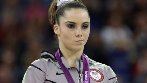 FILE - In this Aug. 5, 2012 file photo, silver medallist McKayla Maroney, of the United States, stands during the podium ceremony for the artistic gymnastics women's vault finals at the 2012 Summer Olympics in London. Maroney's unimpressed reaction following her performance let the world know, in a moment that became one of the sports photos of the year and the sports-meme-generator of the year, that she wasn't exactly thrilled over not doing enough to take the gold. (AP Photo/Julie Jacobson, File)