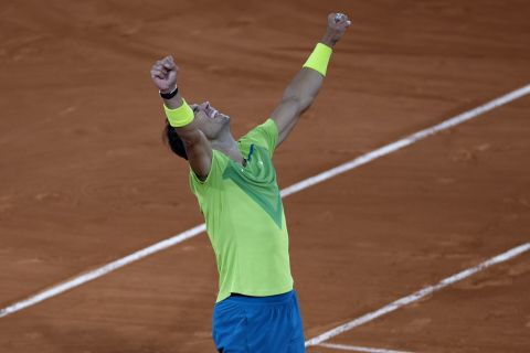 Spain's Rafael Nadal celebrates after defeating Serbia's Novak Djokovic during their quarterfinal match of the French Open tennis tournament at the Roland Garros stadium Tuesday, May 31, 2022 in Paris. Nadal won 6-2, 4-6, 6-2, 7-6. (AP Photo/Jean-Francois Badias)
