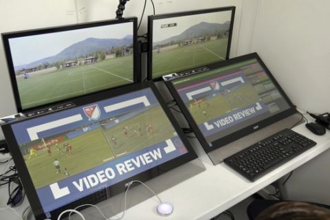 FILE - In this July 11, 2017, still image from video, review screens are displayed before a video replay soccer scrimmage in Park City, Utah. Major League Soccers implementation of video replay got use its first weekend, as fans and other leagues around the world were watching to see how it would go. (AP Photo/Rick Bowmer, File)
