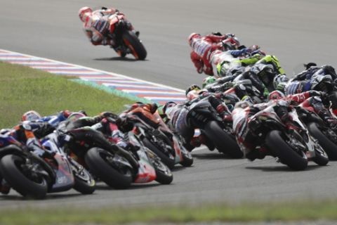 Marc Marquez of Spain leads the pack during the Moto GP race at the Termas de Rio Hondo circuit in Argentina, Sunday, March 31, 2019. (AP Photo/Nicolas Aguilera)