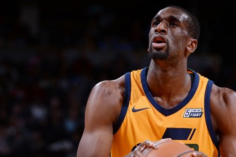 DENVER, CO - DECEMBER 26: Ekpe Udoh #33 of the Utah Jazz shoots a free throw against the Denver Nuggets on December 26, 2017 at the Pepsi Center in Denver, Colorado. NOTE TO USER: User expressly acknowledges and agrees that, by downloading and/or using this photograph, user is consenting to the terms and conditions of the Getty Images License Agreement. Mandatory Copyright Notice: Copyright 2017 NBAE (Photo by Bart Young/NBAE via Getty Images)