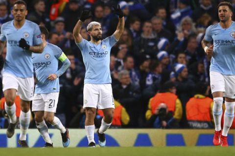 Manchester City's Sergio Aguero celebrates after scoring his side's opening goal during the Champions League round of 16 second leg, soccer match between Manchester City and Schalke 04 at Etihad stadium in Manchester, England, Tuesday, March 12, 2019. (AP Photo/Dave Thompson)