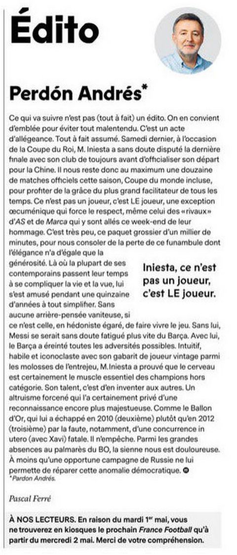 Το "France Football" ζήτησε συγγνώμη από τον Ινιέστα