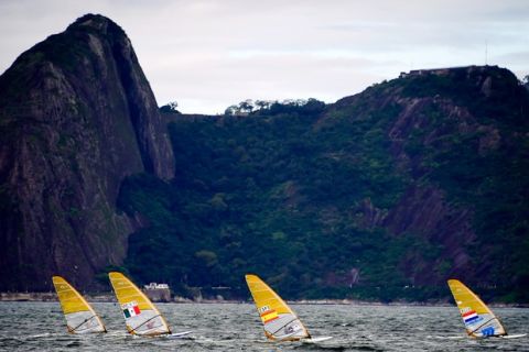 RIO DE JANEIRO, BRAZIL - JULY 29:  The official training begins in the RS:X Men´s Sailing during the Aquece Rio International Sailing Regatta - Rio 2016 Sailing Test Event at Guanabara Bay on July 29, 2014 in Rio de Janeiro, Brazil.  (Photo by Buda Mendes/Getty Images)