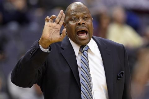 Georgetown head coach Patrick Ewing gestures during the second half of an NCAA college basketball game against Jacksonville, Sunday, Nov. 12, 2017, in Washington. Georgetown won 73-57. (AP Photo/Nick Wass)