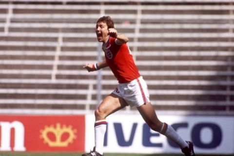 England's Bryan Robson celebrates after scoring the quickest ever goal in a World Cup match - just 27 seconds