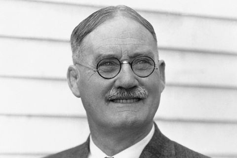 FILE - This is a 1939 file photo showing Dr. James Naismith, in Lawrence, Kansas. A University of Kansas researcher has uncovered an audio recording of basketball inventor James Naismith talking about setting up the first game in 1891 in Massachusetts. The school says the discovery is believed to be the only known recording of Naismith. (AP Photo/File)