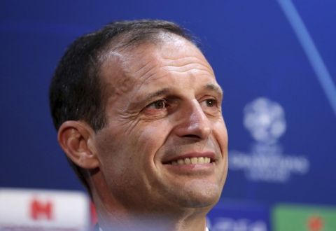Juventus' manager Massimiliano Allegri attends a press conference at Old Trafford, Manchester, England, Monday, Oct. 22, 2018. Juventus will play a Champions League soccer match against Manchester United on Tuesday. (Martin Rickett/PA via AP)