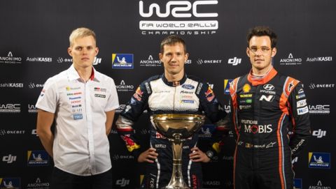 Ott Tanak (EST), Sebastien Ogier (FRA), Thierry Neuville (BEL) seen with FIA WRC Trophy during FIA World Rally Championship 2018 in Salou, Spain on October 25, 2018