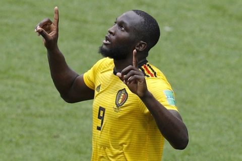 Belgium's Romelu Lukaku celebrates after scoring his side's third goal against Tunisia during the group G match between Belgium and Tunisia at the 2018 soccer World Cup in the Spartak Stadium in Moscow, Russia, Saturday, June 23, 2018. (AP Photo/Victor Caivano)