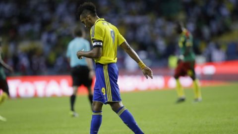Gabon's Pierre Emerick Aubameyang walks off the pitch after a soccer game of the African Cup of Nations Group A soccer match between Gabon and Cameroon at the Stade de l'Amitie, in Libreville, Gabon, Sunday, Jan. 22, 2017. (AP Photo/Sunday Alamba)