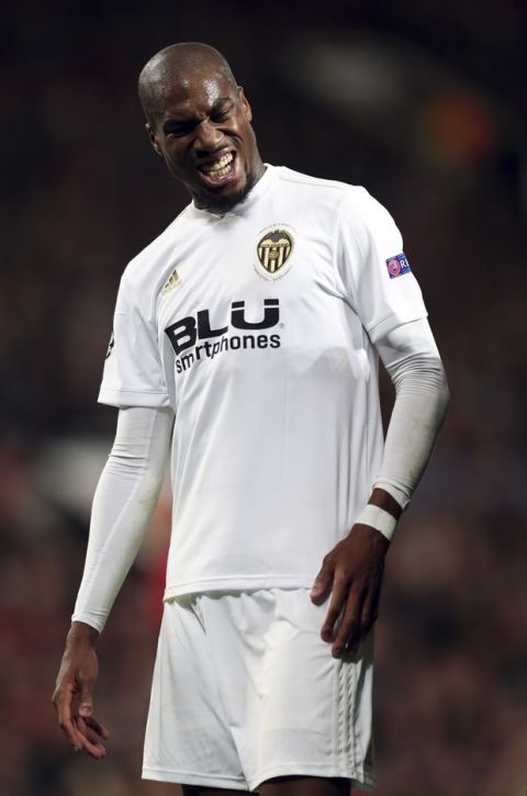 Valencia midfielder Geoffrey Kondogbia reacts during the Champions League group H soccer match between Manchester United and Valencia at Old Trafford Stadium in Manchester, England, Tuesday Oct. 2, 2018. (AP Photo/Jon Super)