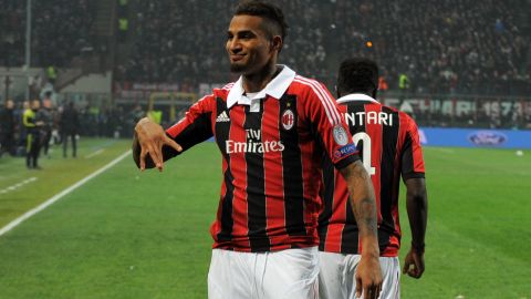 AC Milan's Ghanaian defender Prince Kevin Boateng celebrates scoring during the Champions League football match between AC Milan and FC Barcelona on February 20, 2013 at San Siro Stadium in Milan.  AFP PHOTO / ALBERTO LINGRIA        (Photo credit should read ALBERTO LINGRIA,ALBERTO LINGRIA/AFP/Getty Images)