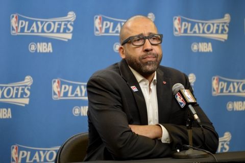SAN ANTONIO, TX - APRIL 15:  David Fizdale of the Memphis Grizzlies talks to the media after the game against the San Antonio Spurs in Game One of Round One during the 2017 NBA Playoffs on April 15, 2017 at the AT&T Center in San Antonio, Texas. NOTE TO USER: User expressly acknowledges and agrees that, by downloading and or using this photograph, user is consenting to the terms and conditions of the Getty Images License Agreement. Mandatory Copyright Notice: Copyright 2017 NBAE (Photos by Mark Sobhani/NBAE via Getty Images)
