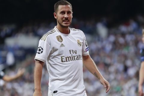 Real Madrid's Eden Hazard reacts after missing a scoring chance during the Champions League group A soccer match between Real Madrid and Club Brugge, at the Santiago Bernabeu stadium in Madrid, Tuesday, Oct.1, 2019. (AP Photo/Manu Fernandez)