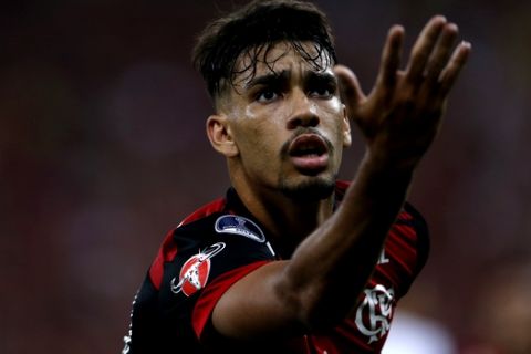 FILE - In this Dec.13, 2017 file photo, Brazil's Flamengo Lucas Paqueta celebrates after scoring against Argentina's Independiente during the Copa Sudamericana final championship soccer match at Maracana stadium in Rio de Janeiro, Brazil. The 20-year-old Flamengo midfielder has caught the eye of foreign clubs after the team's runner-up campaign in the Copa Sudamericana, South America's second most prestigious tournament. Paqueta is fast, skilled and hardworking. (AP Photo/Silvia Izquierdo, File)
