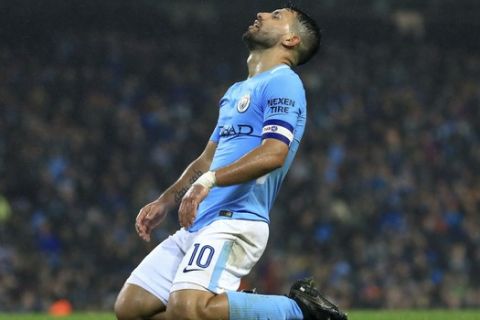 Manchester City's Sergio Aguero rues a missed chance to score during the English League Cup soccer match between Manchester City and Wolverhampton Wanderers at the Etihad Stadium, Manchester, England, Tuesday, Oct. 24, 2017. (Tim Goode/PA via AP)