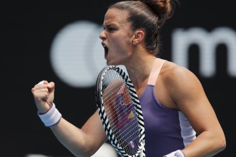 Greece's Maria Sakkari reacts after winning a point against Petra Kvitova of the Czech Republic during their fourth round singles match at the Australian Open tennis championship in Melbourne, Australia, Sunday, Jan. 26, 2020. (AP Photo/Andy Wong)