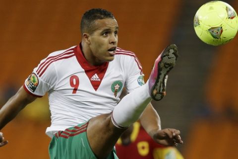 Morocco's Youssef El Arabi controls the ball their African Cup of Nations Group A soccer match against Angola at Soccer City stadium in Johannesburg, South Africa, Saturday, Jan. 19, 2013. The African Cup of Nations opened Saturday with host South Africa playing Cape Verde, and Morocco facing Angola. (AP Photo/Rebecca Blackwell)