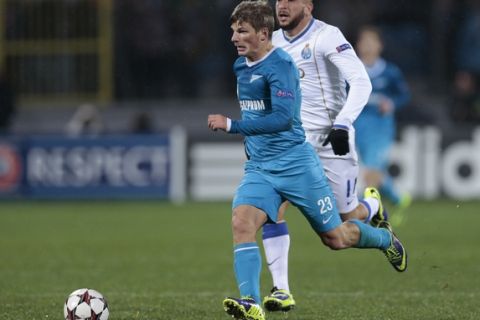 Zenit's Andrey Arshavin controls the ball during the Champions League group G soccer match between Zenit and Porto at Petrovsky stadium in St.Petersburg, Russia, on Wednesday, Nov. 6, 2013. (AP Photo/Ivan Sekretarev)
