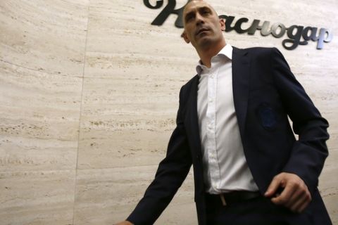 Spanish football president Luis Rubiales leaves a press conference at the 2018 soccer World Cup in Krasnodar, Russia, Wednesday, June 13, 2018. The Spanish soccer federation has fired coach Julen Lopetegui two days before the country's opening World Cup match against Portugal. Lopetegui was let go a day after Real Madrid announced him as its new coach following the World Cup. (AP Photo/Manu Fernandez)