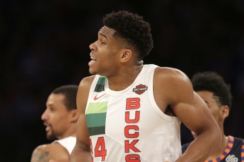 Milwaukee Bucks' Giannis Antetokounmpo reacts to a call during the first half of the NBA basketball game against the New York Knicks, Tuesday, Dec. 25, 2018, in New York. (AP Photo/Seth Wenig)