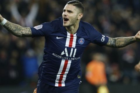 PSG's Mauro Icardi celebrates after scoring the second goal during the French League One soccer match between PSG and Marseille at the Parc des Princes stadium in Paris, France, Sunday, Oct. 27, 2019. (AP Photo/Kamil Zihnioglu)
