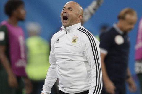 Argentina coach Jorge Sampaoli reacts during the group D match between Argentina and Nigeria at the 2018 soccer World Cup in the St. Petersburg Stadium in St. Petersburg, Russia, Tuesday, June 26, 2018. (AP Photo/Dmitri Lovetsky)