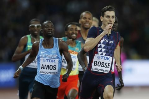 France's gold medal winner Pierre-Ambroise Bosse, right, competes in the men's 800-meter final during the World Athletics Championships in London Tuesday, Aug. 8, 2017. (AP Photo/Frank Augstein)