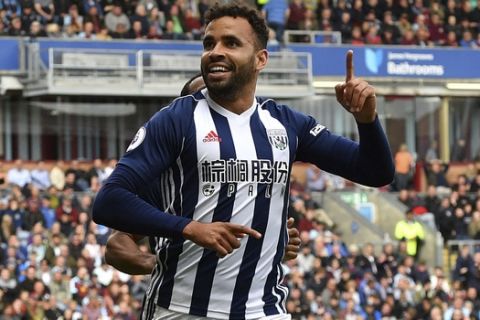 West Bromwich Albion's Hal Robson-Kanu celebrates scoring his side's first goal of the game against Burnley during the English Premier League soccer match at Turf Moor in Burnley, England, Saturday Aug. 19, 2017. (Anthony Devlin/PA via AP)