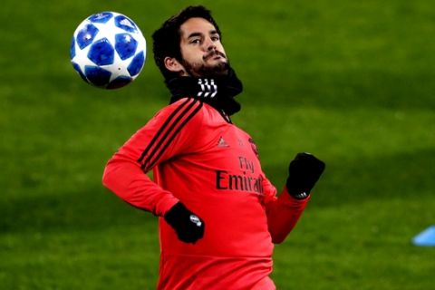 Real midfielder Isco controls the ball during a training session at the Doosan arena in Pilsen, Czech Republic, Tuesday, Nov. 6, 2018. Viktoria Plzen faces Real Madrid in a Champions League group G soccer match on Wednesday. (AP Photo/Petr David Josek)