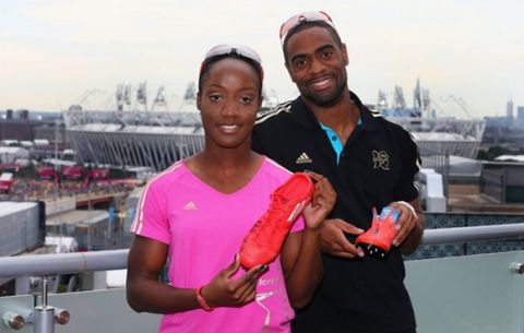 LONDON, ENGLAND - AUGUST 01:  (FREE FOR EDITORIAL USE) Kelly-Anne Baptiste of Trinidad and Tobago and Tyson Gay of the U.S. at the adidas Olympic Media Lounge at Westfield Stratford City on August 1, 2012 in London, England.  (Photo by Alex Grimm/Getty Images for adidas)