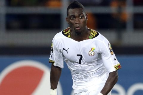 Ghana's Christian Atsu during their African Cup of Nations final soccer match against Ivory Coast in Bata, Equatorial Guinea, Sunday, Feb. 8, 2015. (AP Photo/Themba Hadebe)