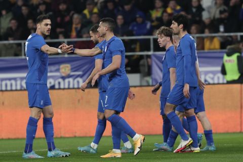 Οι παίκτες της Εθνικής πανηγυρίζουν γκολ κόντρα στην Ρουμανία | 24 Μαρτίου 2022
