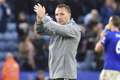 Leicester's manager Brendan Rodgers reacts after the English Premier League soccer match between Leicester City and Newcastle United at the King Power Stadium in Leicester, England, Sunday, Sept. 29, 2019. (AP Photo/Rui Vieira)