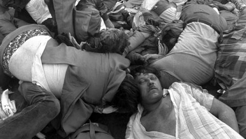 Bodies of soccer fans are lying on the concrete steps of the   Heysel stadium stands, Wednesday evening, May 29, 1985, after an  uproar between the various fan groups in the stadium from Liverpool and Turin. The incident occured about one hour before the scheduled kickoff time for the European Champion's Cup Final between FC Liverpool and Juventus Turin. Deaths and hundreds of injuries were reported. (AP-PHOTO)