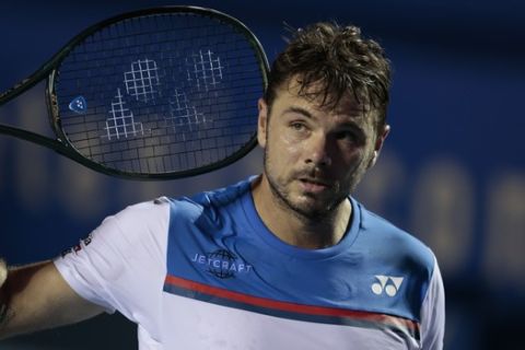 Switzerland's Stan Wawrinka walks between points during his Round 1 match against Frances Tiafoe of the U.S., at the Mexican Tennis Open in Acapulco, Mexico, Monday, Feb. 24, 2020.(AP Photo/Rebecca Blackwell)