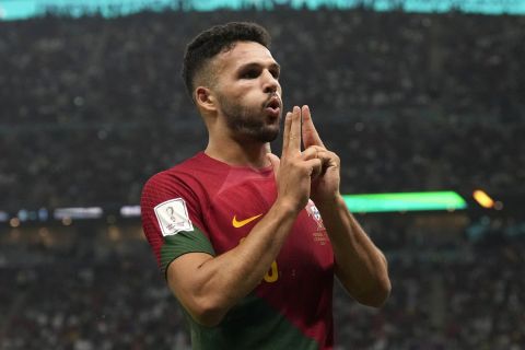Ο Γκονσάλο Ράμος της Πορτογαλίας πανηγυρίζει γκολ που σημείωσε κόντρα στην Ελβετία για τη φάση των 16 του Παγκοσμίου Κυπέλλου 2022 στο "Λουσαΐλ", Λουσαΐλ | Τρίτη 6 Δεκεμβρίου 2022