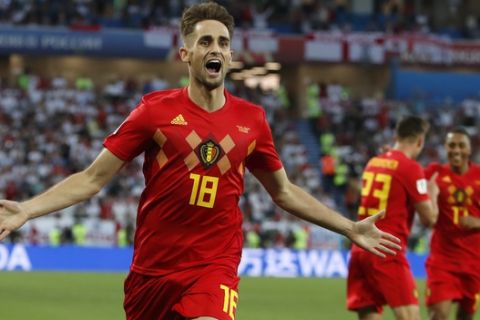 Belgium's Adnan Januzaj celebrates after scoring the opening goal during the group G match between England and Belgium at the 2018 soccer World Cup in the Kaliningrad Stadium in Kaliningrad, Russia, Thursday, June 28, 2018. (AP Photo/Alastair Grant)