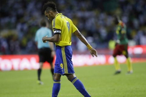 Gabon's Pierre Emerick Aubameyang walks off the pitch after a soccer game of the African Cup of Nations Group A soccer match between Gabon and Cameroon at the Stade de l'Amitie, in Libreville, Gabon, Sunday, Jan. 22, 2017. (AP Photo/Sunday Alamba)
