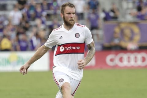 Chicago Fire's Aleksandar Katai moves the ball against Orlando City during the second half of an MLS soccer match, Sunday, Oct. 6, 2019, in Orlando, Fla. (AP Photo/John Raoux)