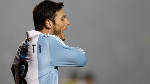Argentina's Javier Zanetti reacts during a Group A Copa America soccer match against Colombia in Santa Fe, Argentina, Wednesday July 6, 2011. Argentina stumbled to a 0-0 draw against Colombia. (AP Photo/Natacha Pisarenko)