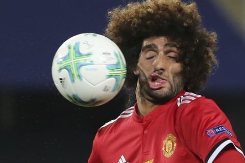 Manchester United's Marouane Fellaini during the UEFA Super Cup final soccer match between Real Madrid and Manchester United at Philip II Arena in Skopje, Tuesday, Aug. 8, 2017. (AP Photo/Boris Grdanoski)