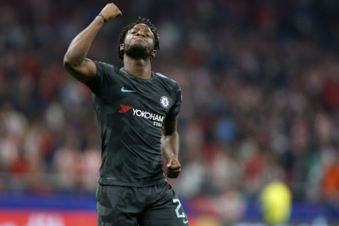 Chelsea's Michy Batshuayi celebrates after scoring his side's 2nd goal during a Champions League group C soccer match between Atletico Madrid and Chelsea at the Wanda Metropolitano stadium in Madrid, Spain, Wednesday, Sept. 27, 2017. (AP Photo/Francisco Seco)