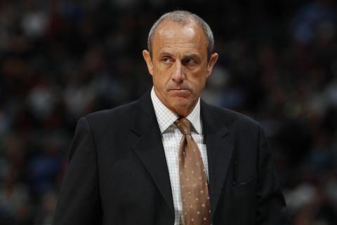 San Antonio Spurs assistant coach Ettore Messina in the first half of an NBA basketball game Wednesday, April 3, 2019, in Denver. (AP Photo/David Zalubowski)
