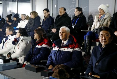 Vice President Mike Pence, second from bottom right, sits between second lady Karen Pence, third from from bottom left, and Japanese Prime Minister Shinzo Abe at the opening ceremony of the 2018 Winter Olympics in Pyeongchang, South Korea, Friday, Feb. 9, 2018. Seated behind Pence are Kim Yong Nam, third from top right, president of the Presidium of North Korean Parliament, and Kim Yo Jong, second from top right, sister of North Korean leader Kim Jong Un. (AP Photo/Patrick Semansky, Pool)