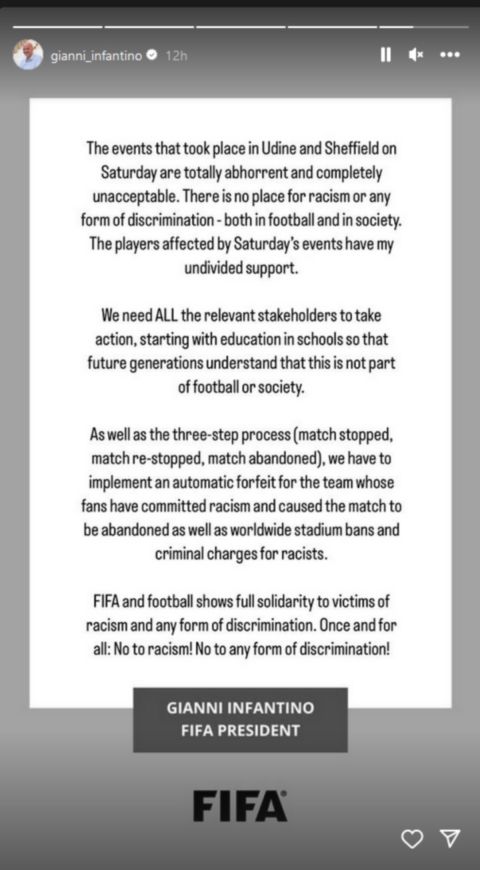 Ινφαντίνο: "Να χάνουν το ματς στα χαρτιά οι ομάδες, των οποίων οι οπαδοί προβαίνουν σε ρατσιστικές πράξεις"